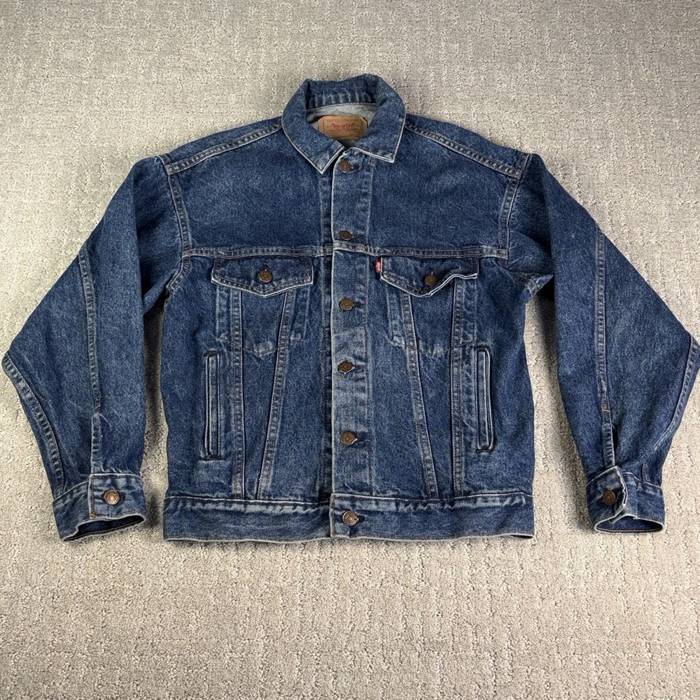 Vtg 90s Levi's Denim Trucker Jacket XS Made in USA Blue Boxy Crop Hand Warmer